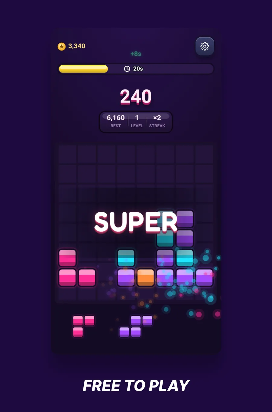 Blocklapse in play: a SUPER clear going off across the board