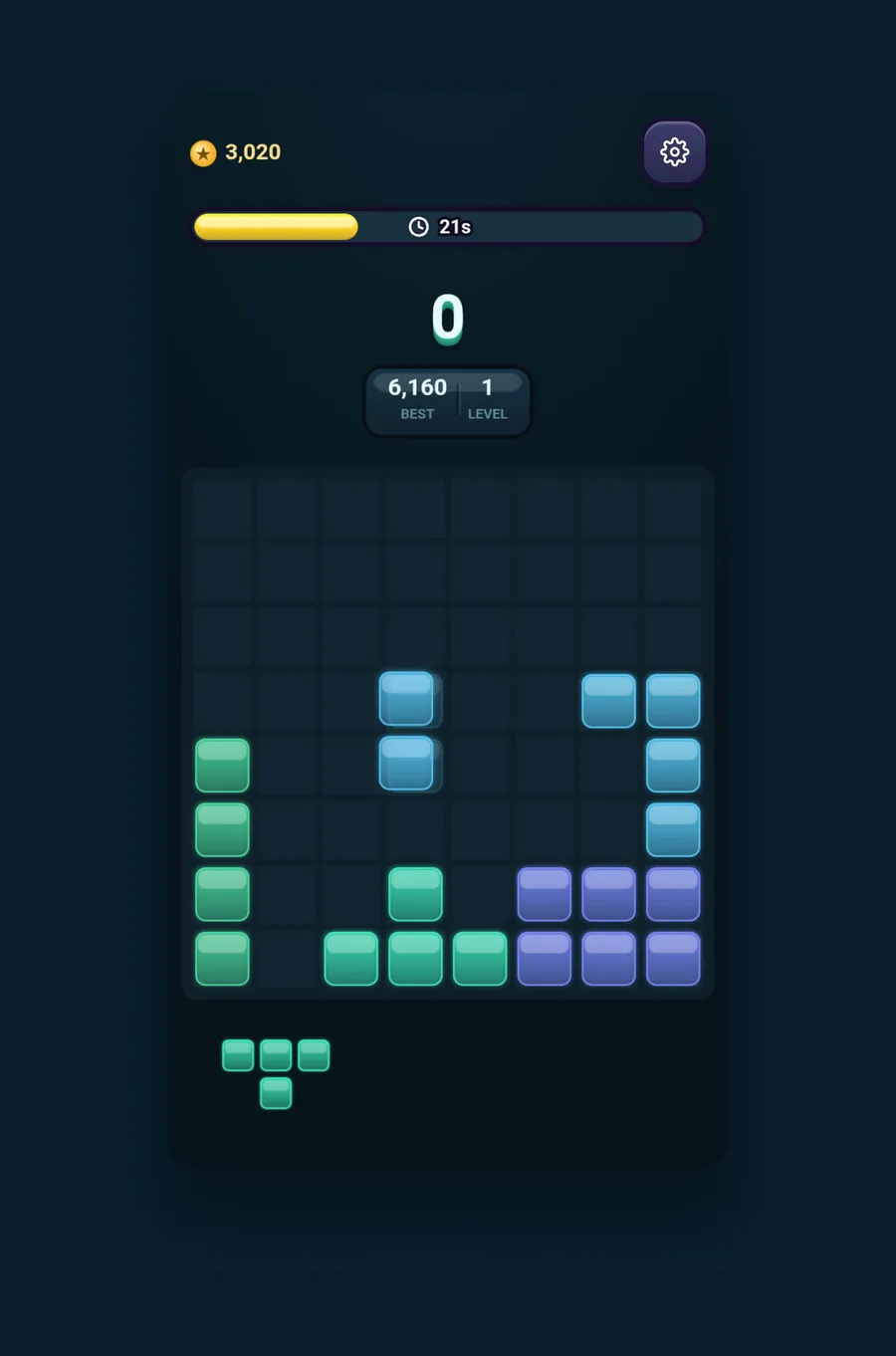 A Blocklapse board part-cleared, with one piece left in the tray