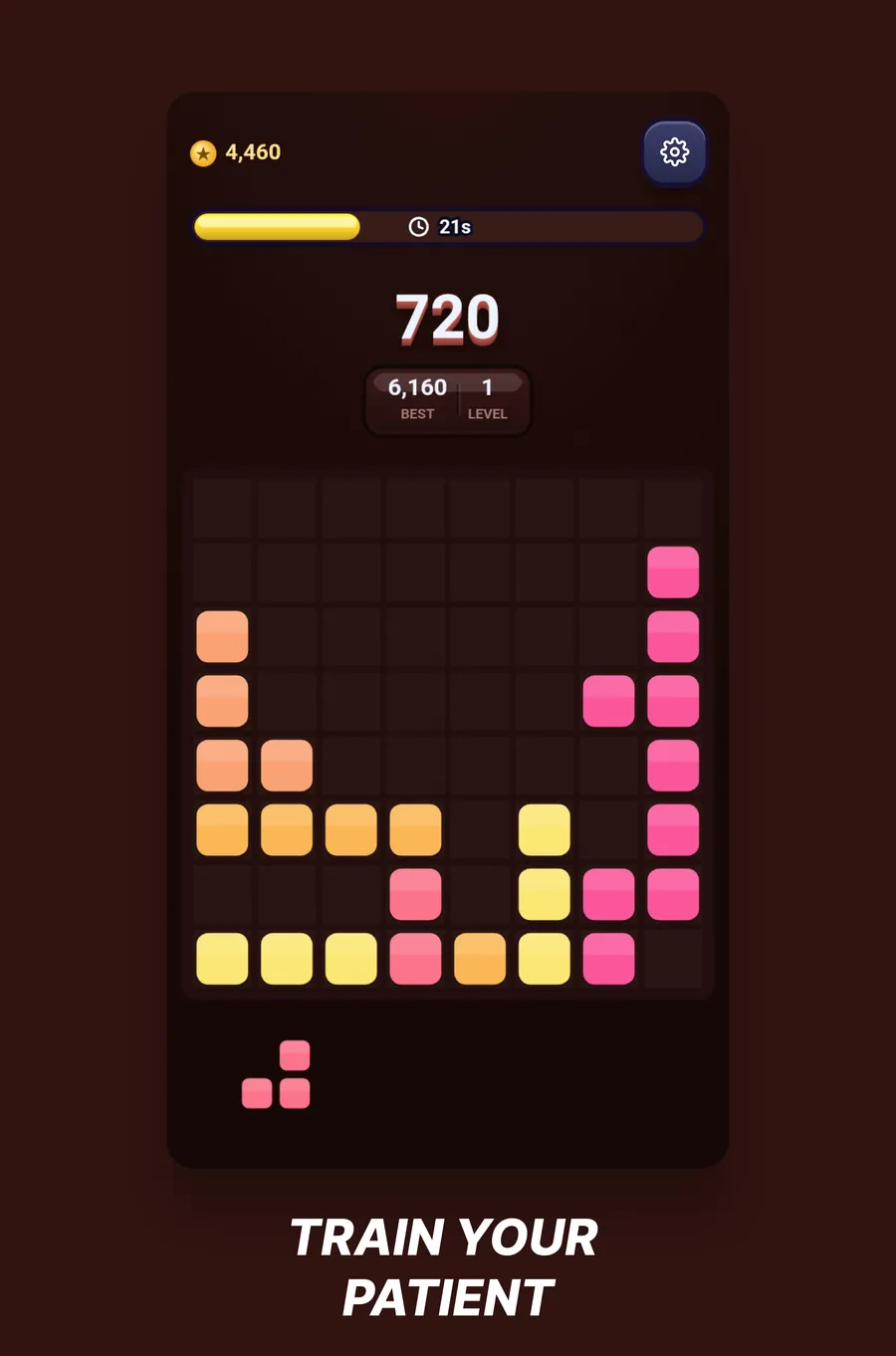A Blocklapse board nearly full, pieces stacked toward the top