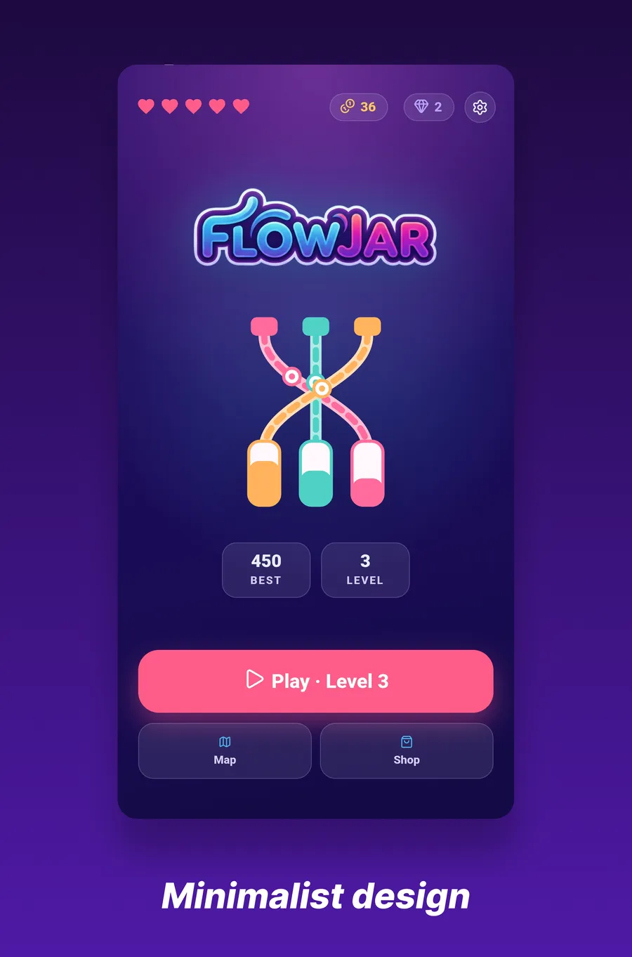 The Flowjar menu, showing lives, coins and the level you are on