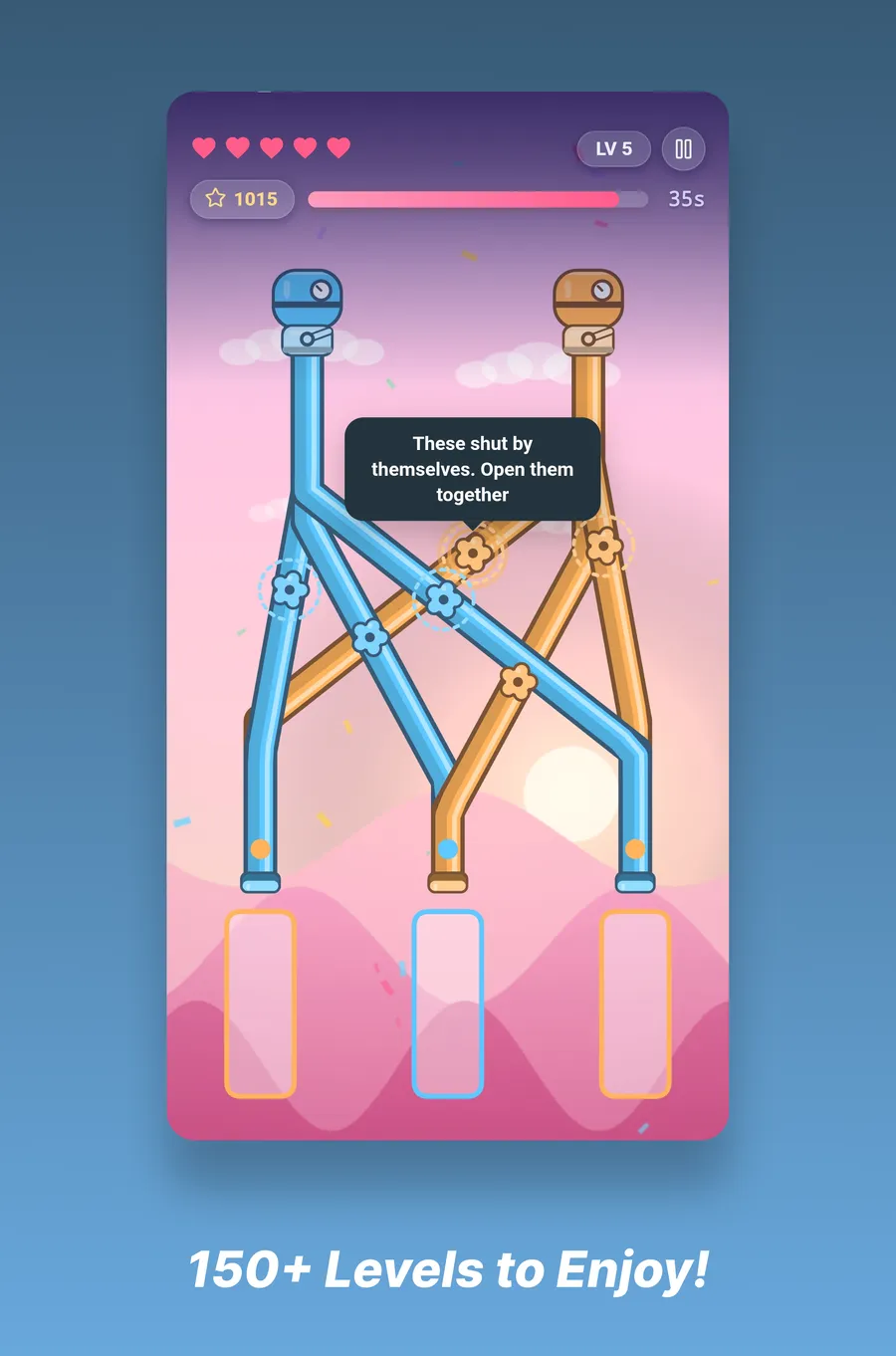 Level 13: five jars under a dense tangle of yellow and violet pipes